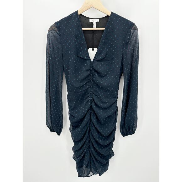 Leith Dress Women XS NWT Navy Blue Polka Dot Long Sleeve Ruched V-Neck Mini - Picture 1 of 9